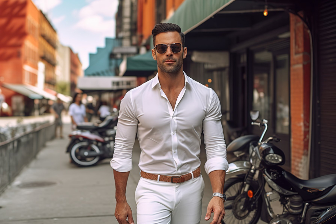 man with inverted triangle body type wearing white dress shirt 