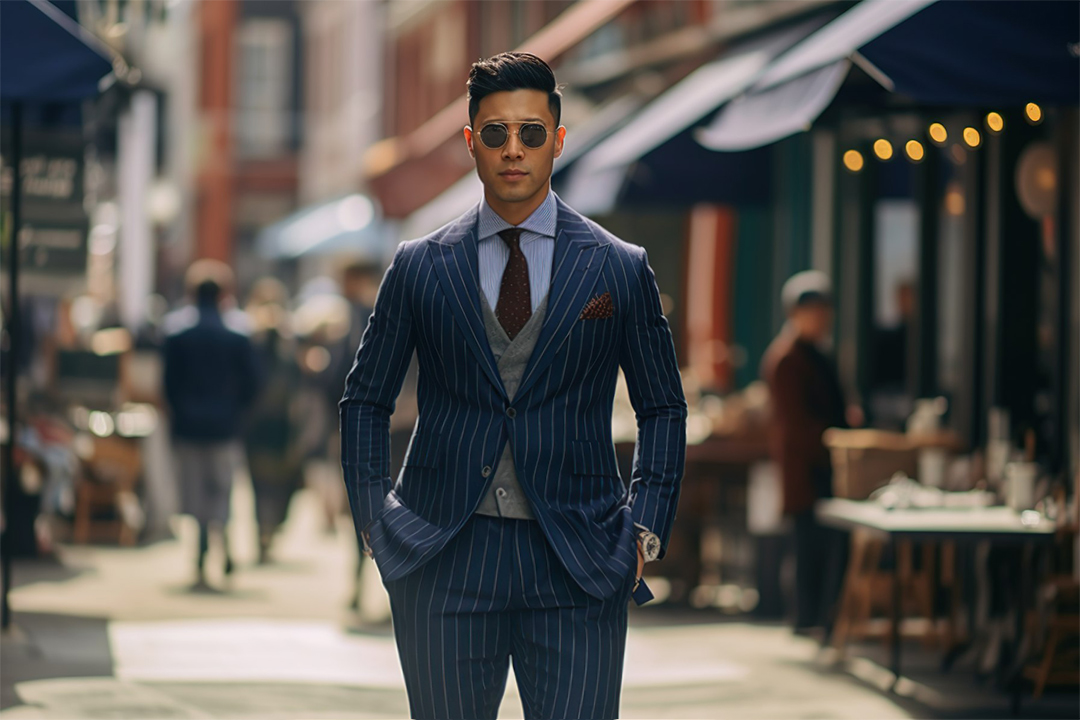 man with triangle body shape wearing pinstripe suit 