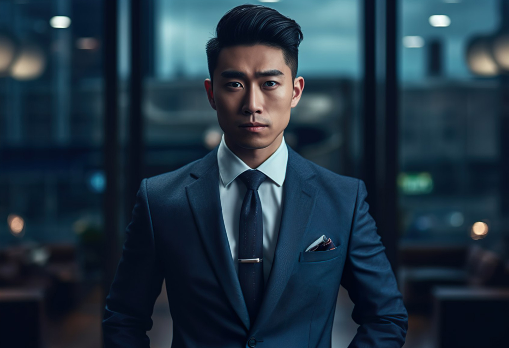 man wearing navy blue suit