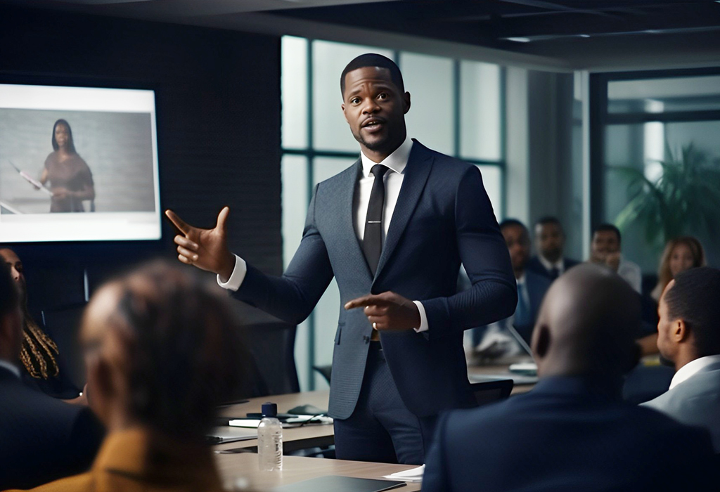 man making presentation among colleagues