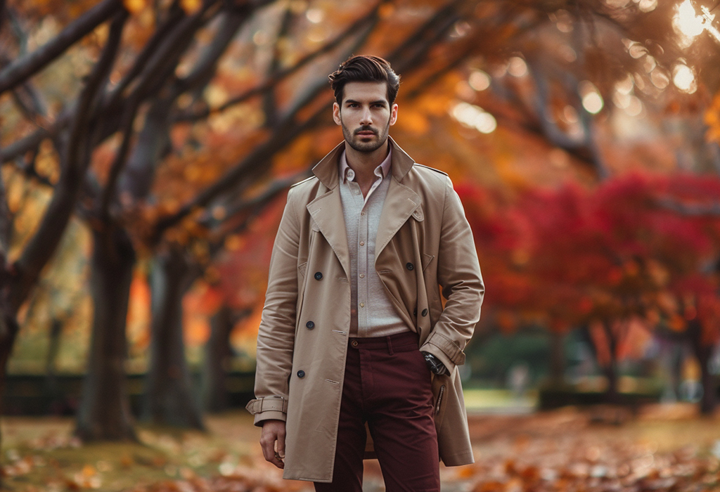 man wearing coat in a park with fallen leaves