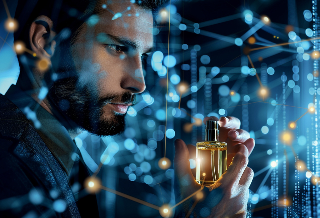 man with a bottle of perfume