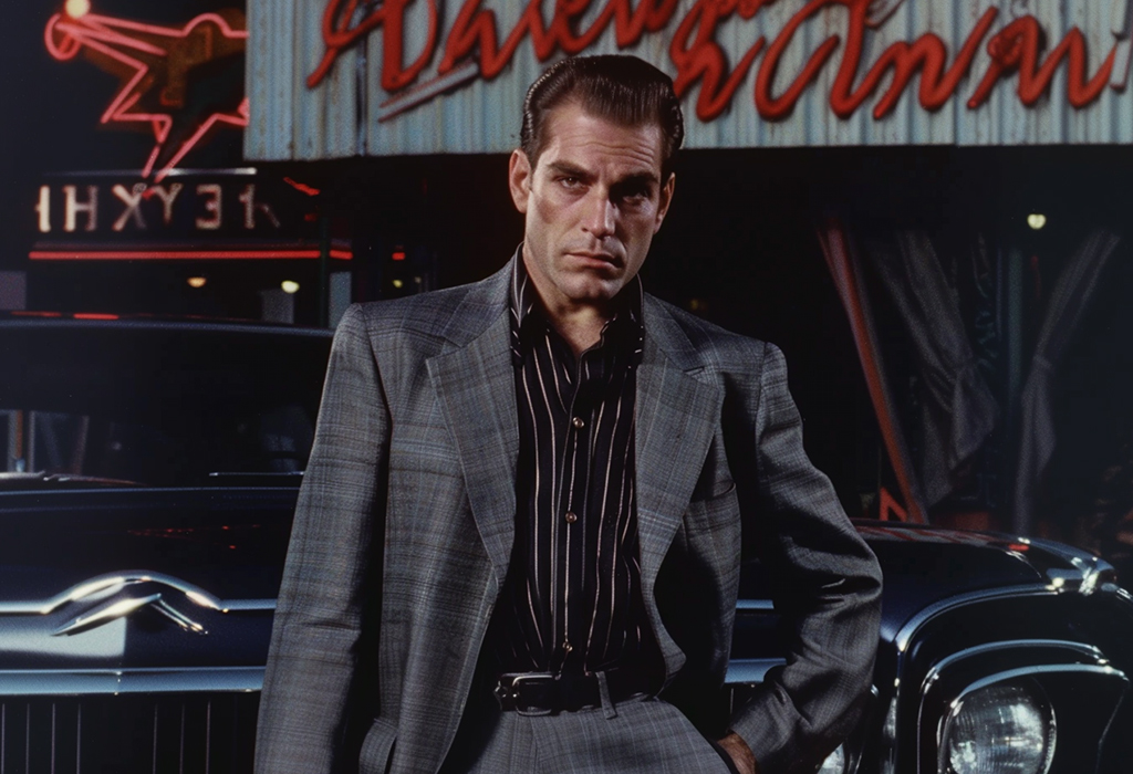 Henry Hill wearing a gray sharkskin suit with a black striped knit polo