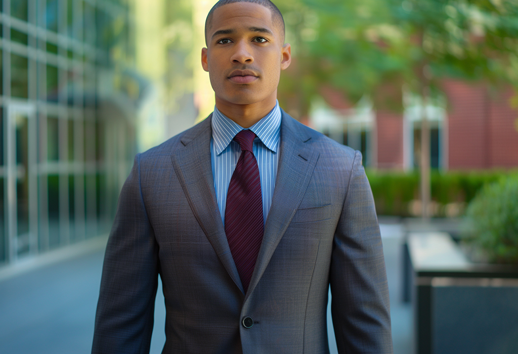 man wearing a dark gray sharkskin suit with a blue striped dress shirt and a dark red tie