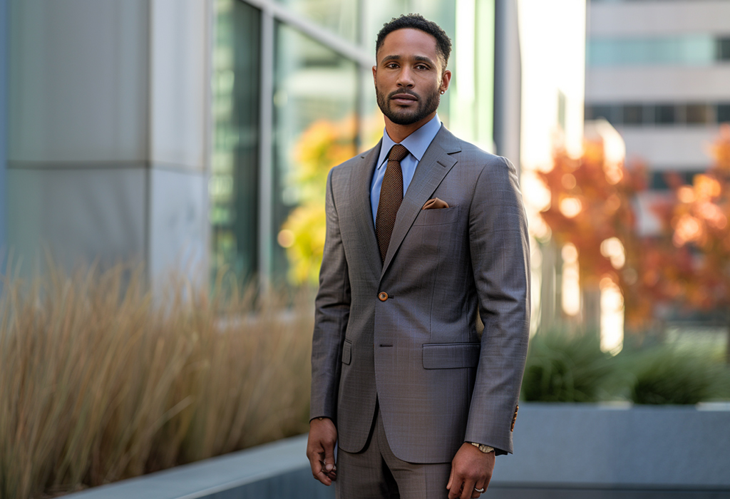 man wearing a sleek, gray sharkskin suit