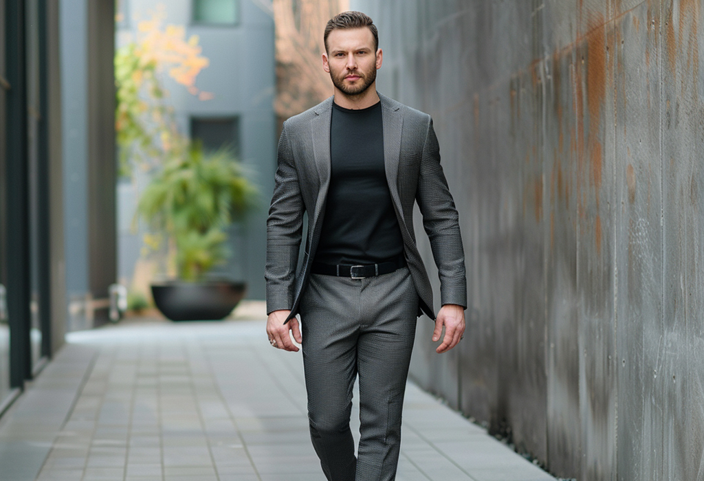 man wearing a simple black tee under a gray sharkskin suit 