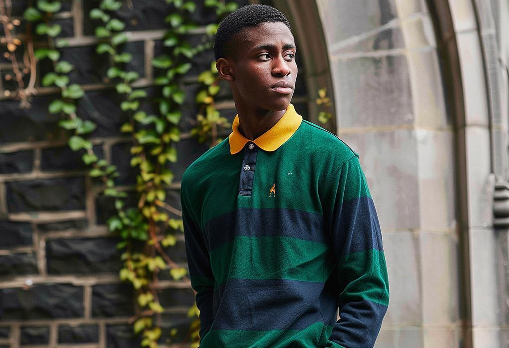 young man wearing a green and yellow rugby polo