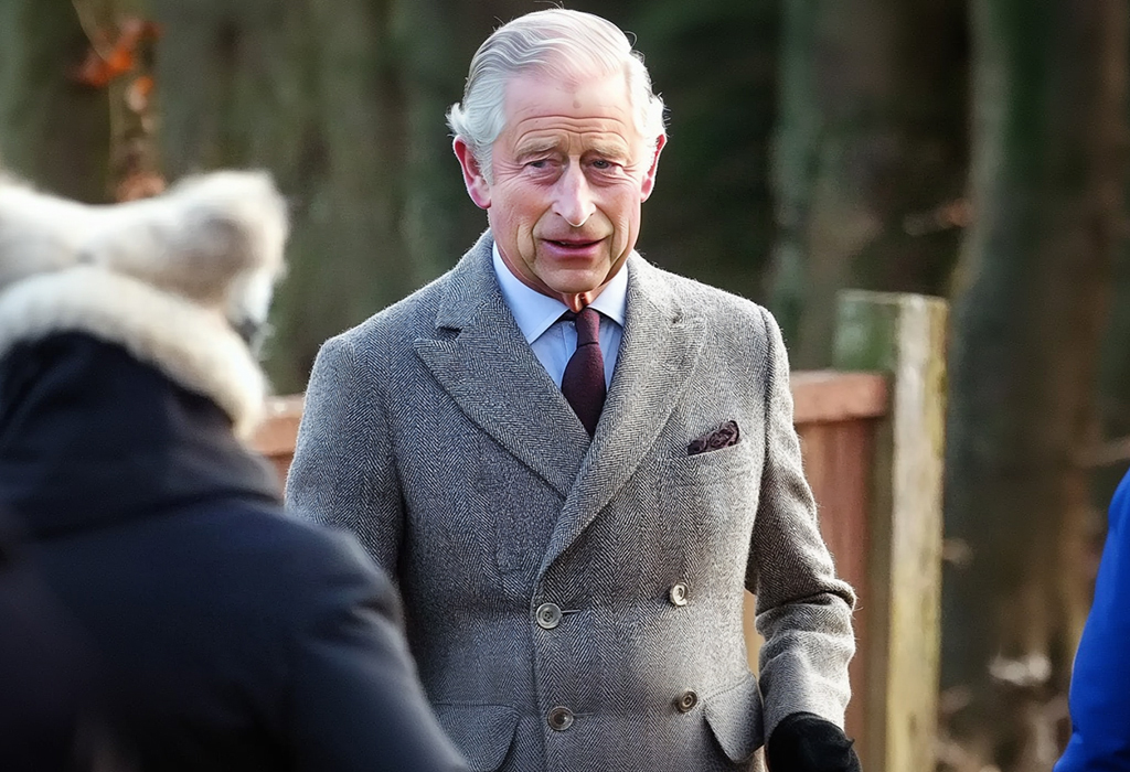 King Charles wearing gray double-breasted herringbone tweed overcoat