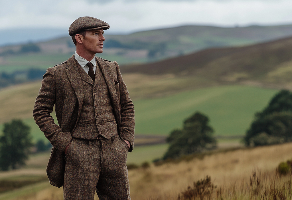 man wearing a brown three-piece herringbone tweed suit in the Scottish countryside