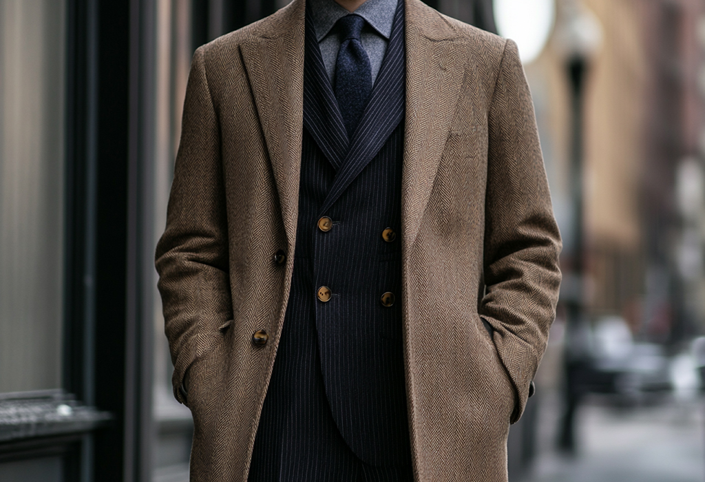 pinstripe suit with a long, tan herringbone overcoat 