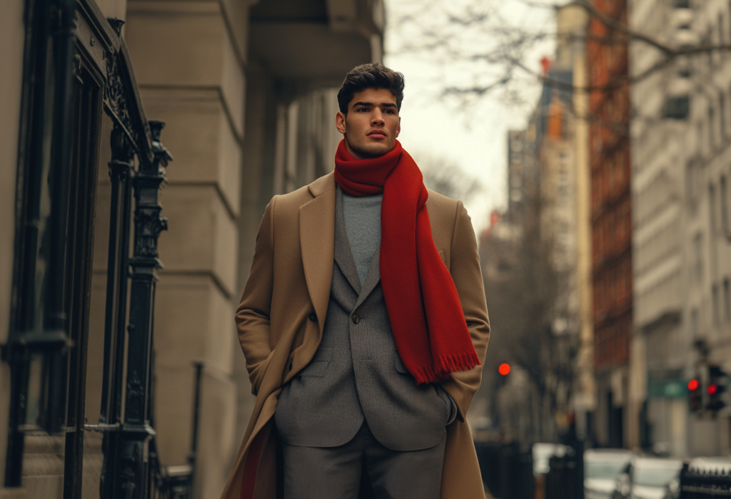 man wearing a gray flannel wool chalk stripe double-breasted suit with overcoat and scarf