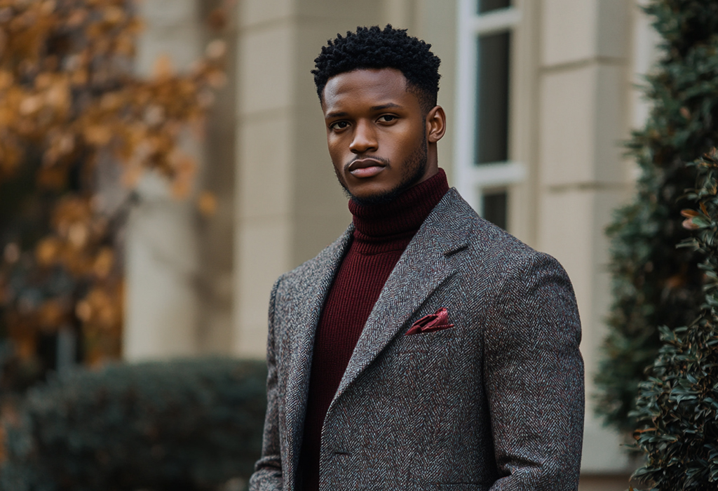 man wearing a gray herringbone tweed sport coat over a dark red wool turtleneck sweater