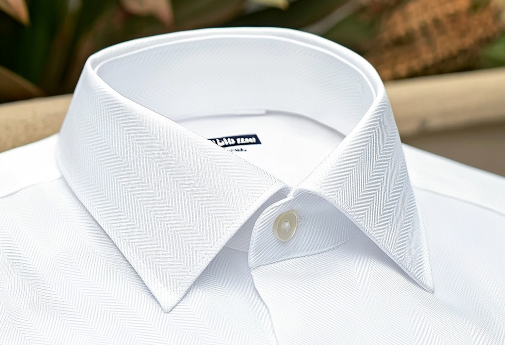 sharp white dress shirt with a subtle white-on-white herringbone pattern