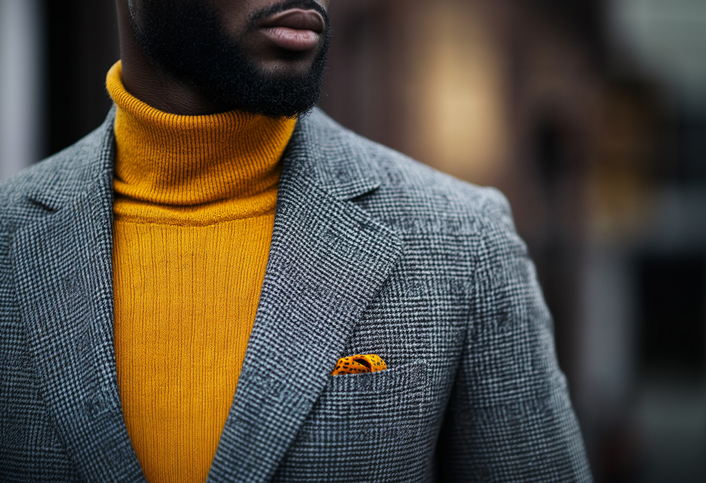 man wearing a yellow turtleneck under a gray tweed sport coat