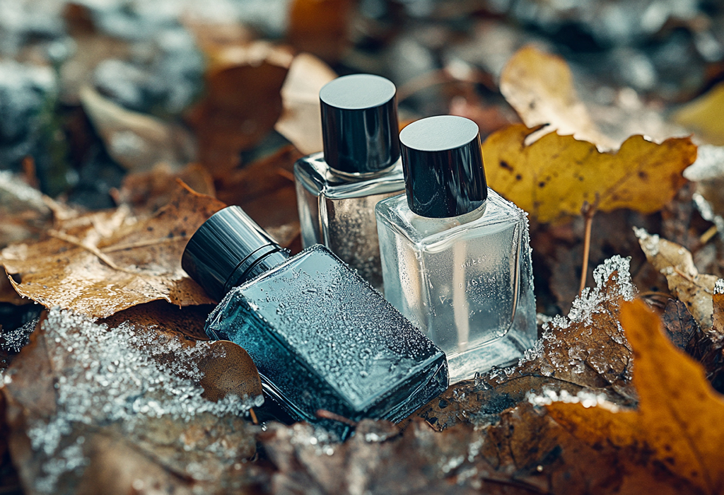 fragrance bottles in snowy fallen leaves