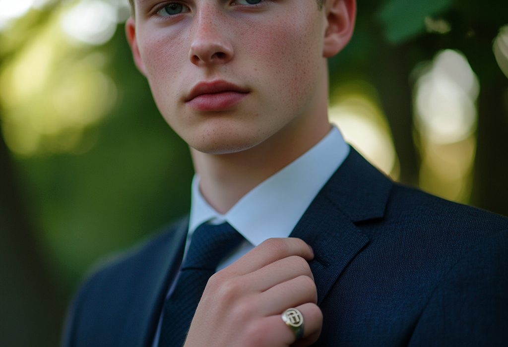 young man in suit wearing pinky ring